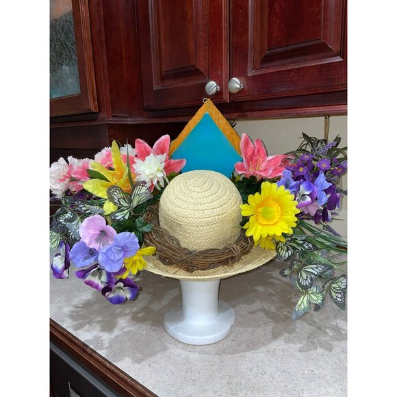 Kentucky Derby Handmade Floral Wide-Brim Straw Hat With Vibrant Flowers Butterfl - Picture 8 of 11